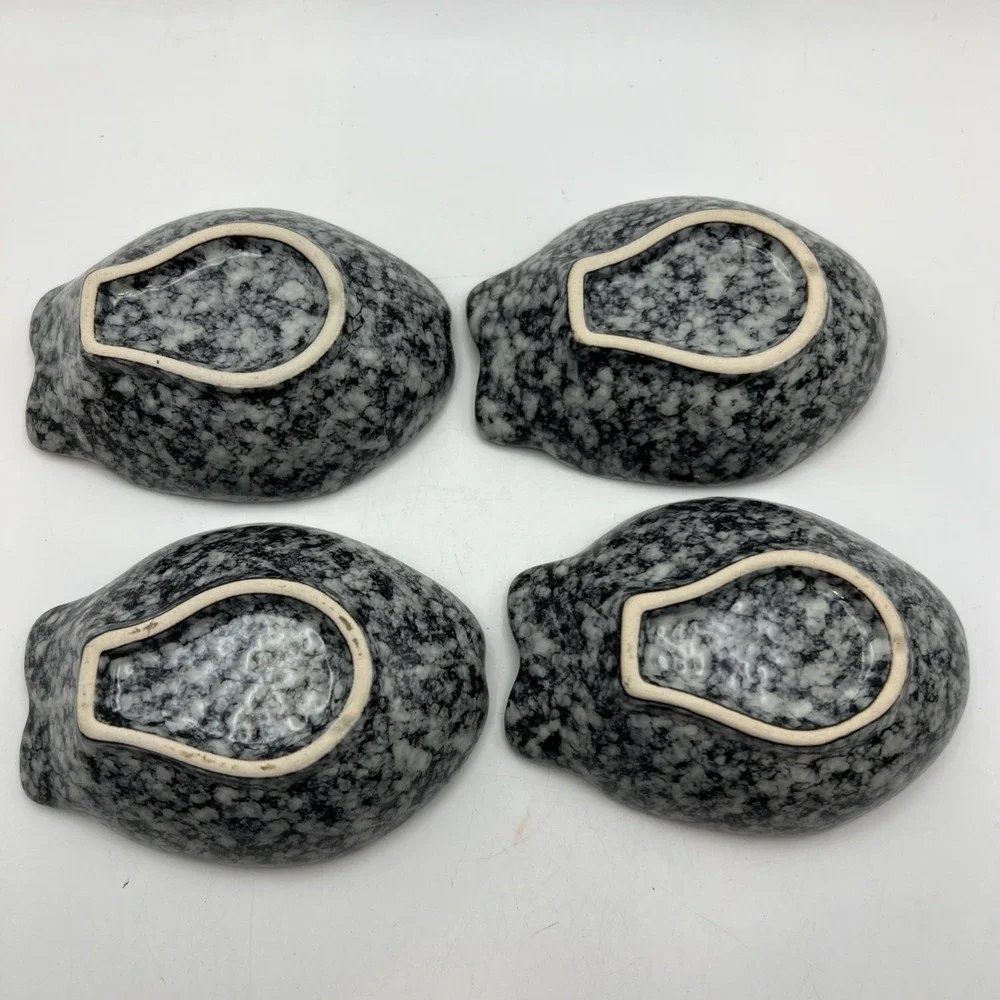 Set of 4 Grey Stone Ceramic Fish Shaped Dipping Dishes Sauce Bowls Fin Scoops